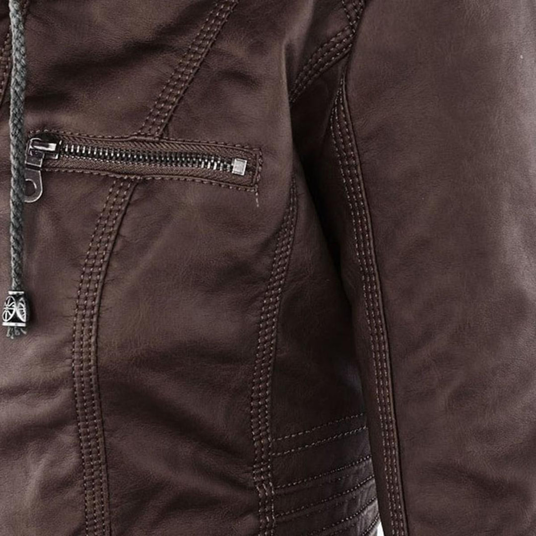 Drune | Damen Kapuzen PU-Lederjacke mit Reißverschluss
