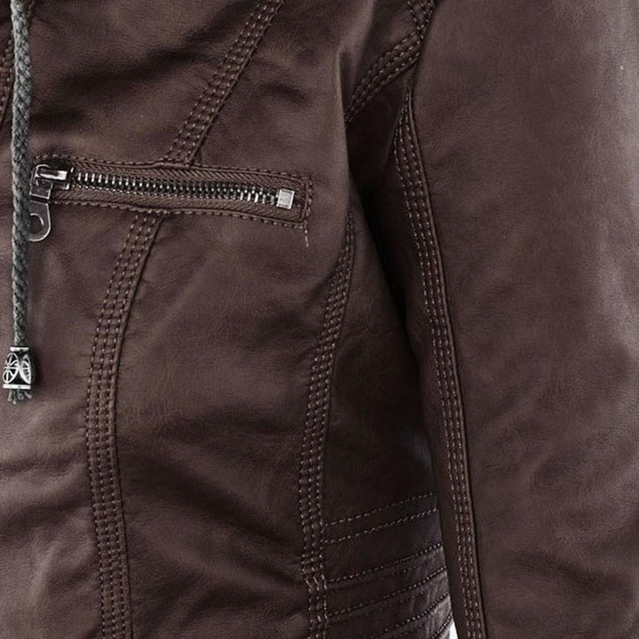 Drune | Damen Kapuzen PU-Lederjacke mit Reißverschluss