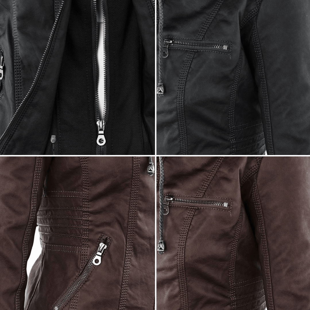 Drune | Damen Kapuzen PU-Lederjacke mit Reißverschluss