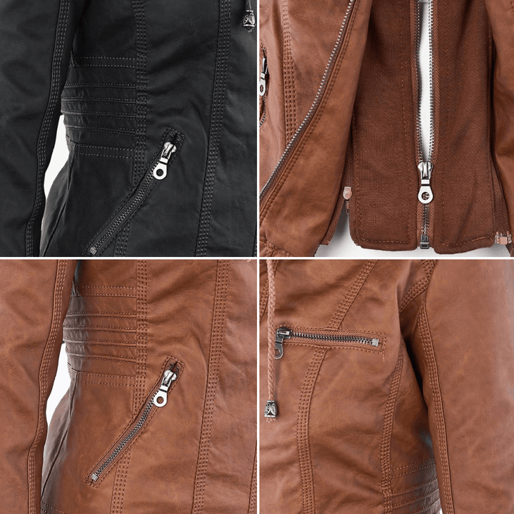 Drune | Damen Kapuzen PU-Lederjacke mit Reißverschluss