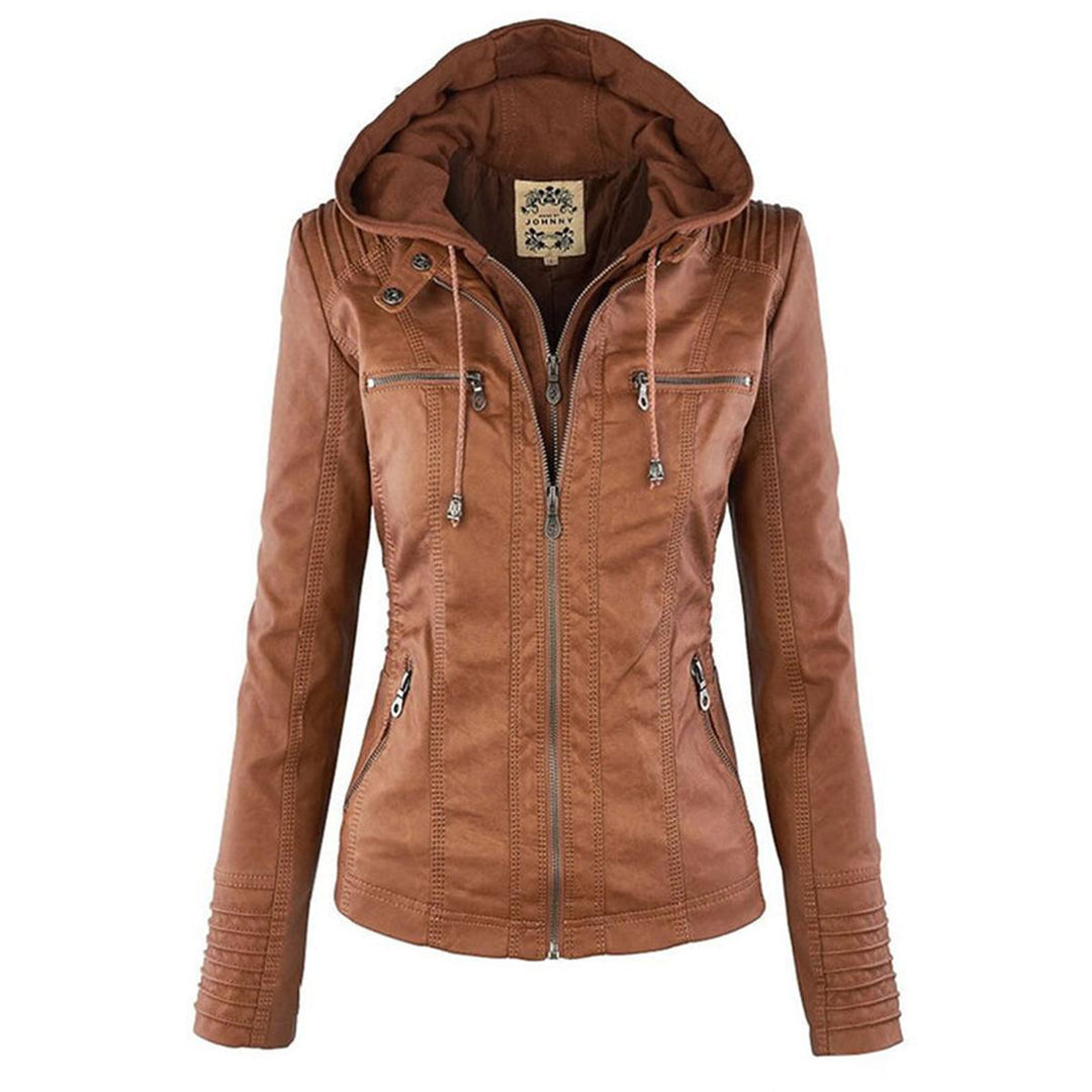 Drune | Damen Kapuzen PU-Lederjacke mit Reißverschluss