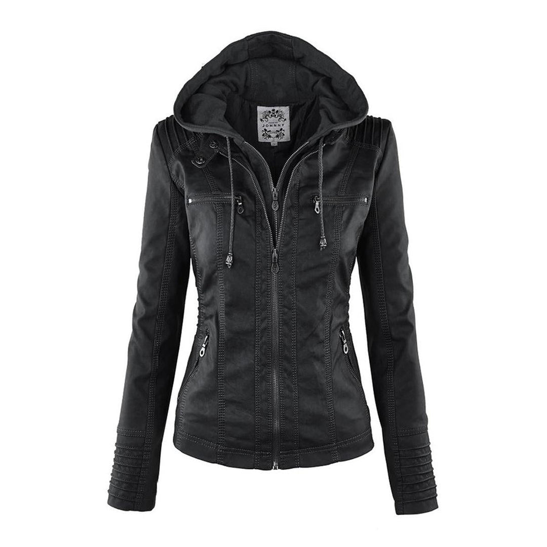 Drune | Damen Kapuzen PU-Lederjacke mit Reißverschluss