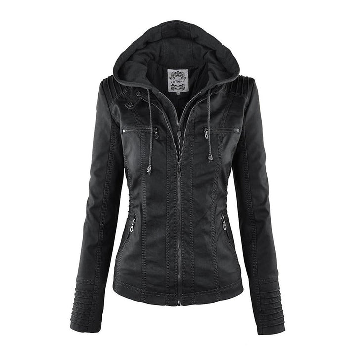 Drune | Damen Kapuzen PU-Lederjacke mit Reißverschluss