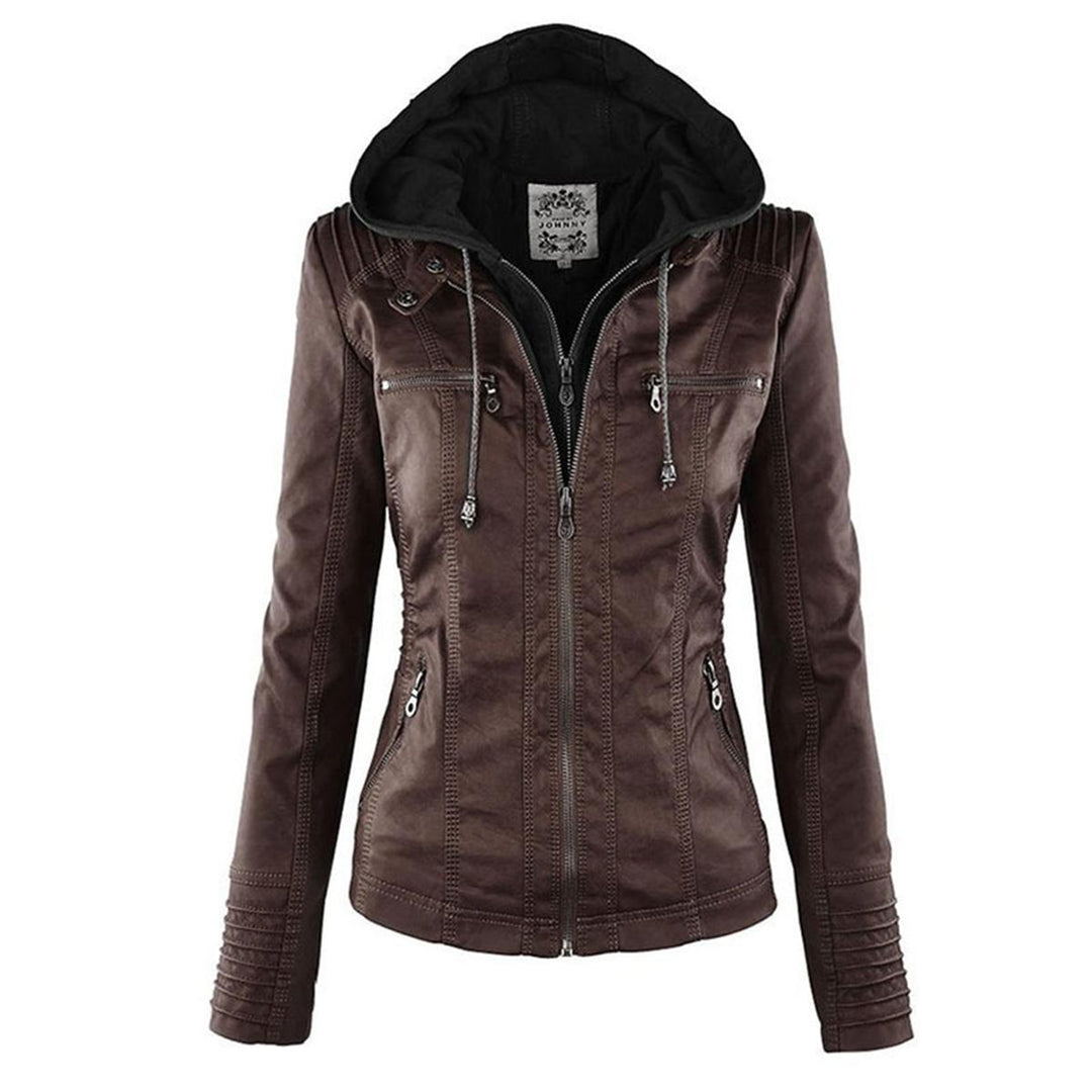 Drune | Damen Kapuzen PU-Lederjacke mit Reißverschluss