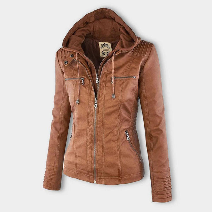 Drune | Damen Kapuzen PU-Lederjacke mit Reißverschluss