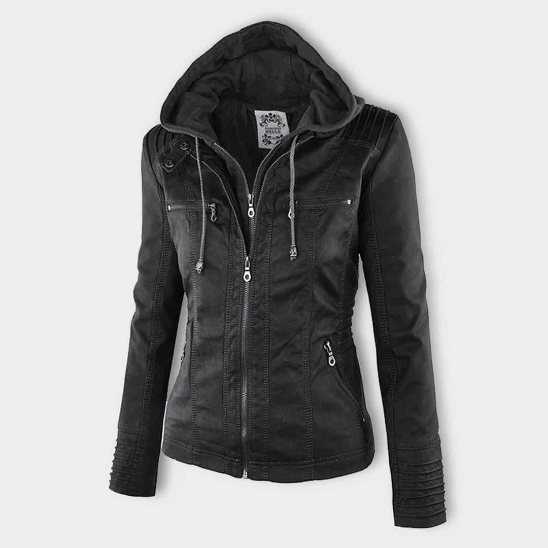 Drune | Damen Kapuzen PU-Lederjacke mit Reißverschluss