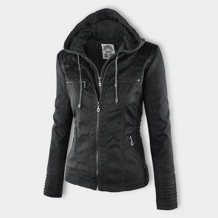 Drune | Damen Kapuzen PU-Lederjacke mit Reißverschluss