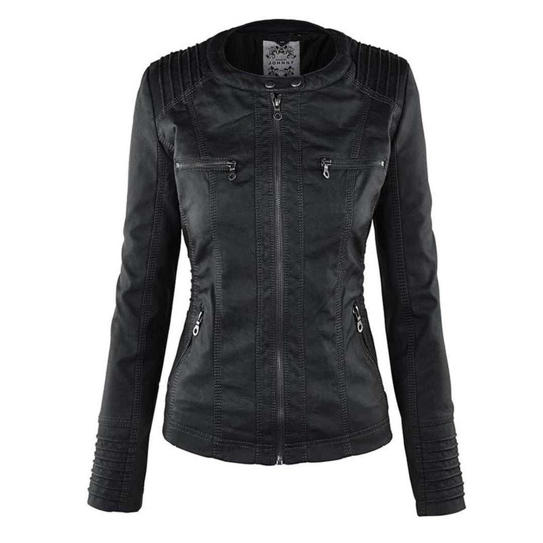 Drune | Damen Kapuzen PU-Lederjacke mit Reißverschluss
