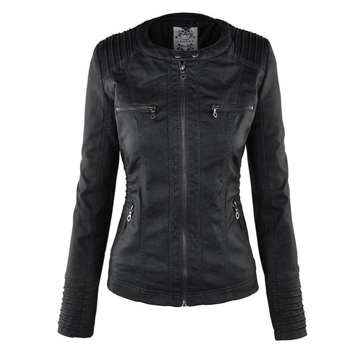 Drune | Damen Kapuzen PU-Lederjacke mit Reißverschluss