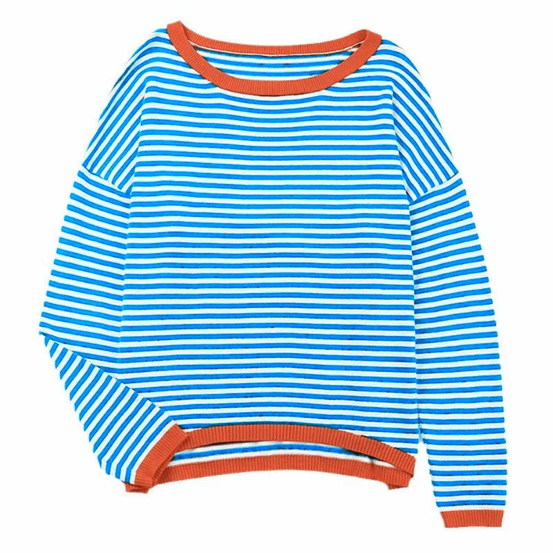 Drune | Orange, Marineblau und Weiß Gestreifter Langarmpullover