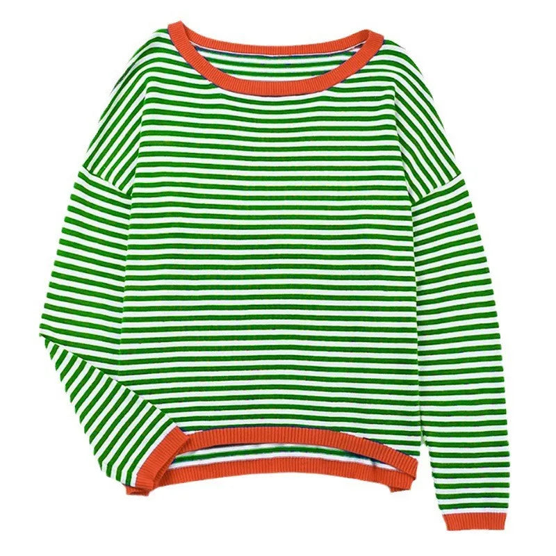 Drune | Orange, Marineblau und Weiß Gestreifter Langarmpullover