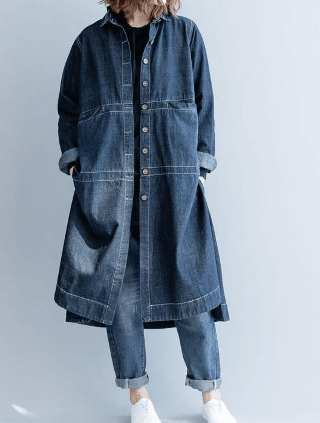 Drune | Damen Langer Lockere Mantel Kleid mit Knopfverschluss
