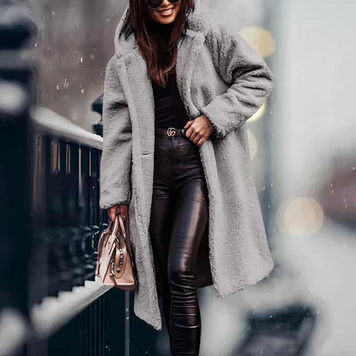 Drune | Damen Übergröße Teddy Fleece Mantel mit Kapuze