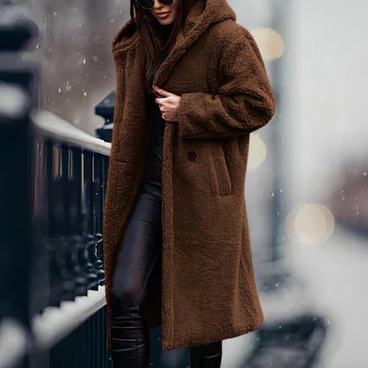 Drune | Damen Übergröße Teddy Fleece Mantel mit Kapuze