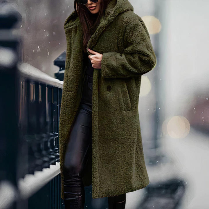 Drune | Damen Übergröße Teddy Fleece Mantel mit Kapuze