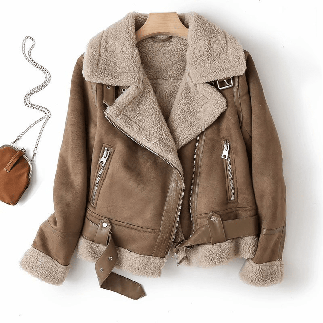 Drune | Damen Sherpa Gefütterte Lederjacke mit Gerippten Bündchen