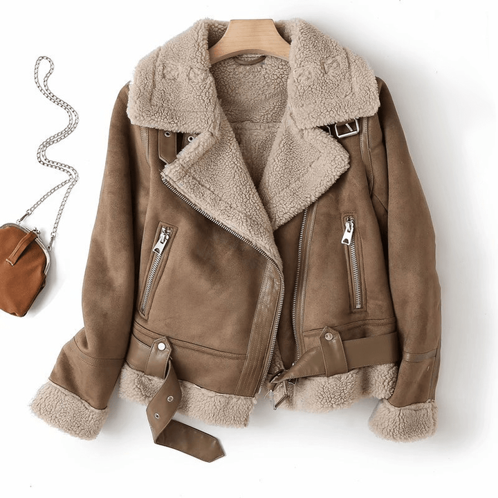 Drune | Damen Sherpa Gefütterte Lederjacke mit Gerippten Bündchen