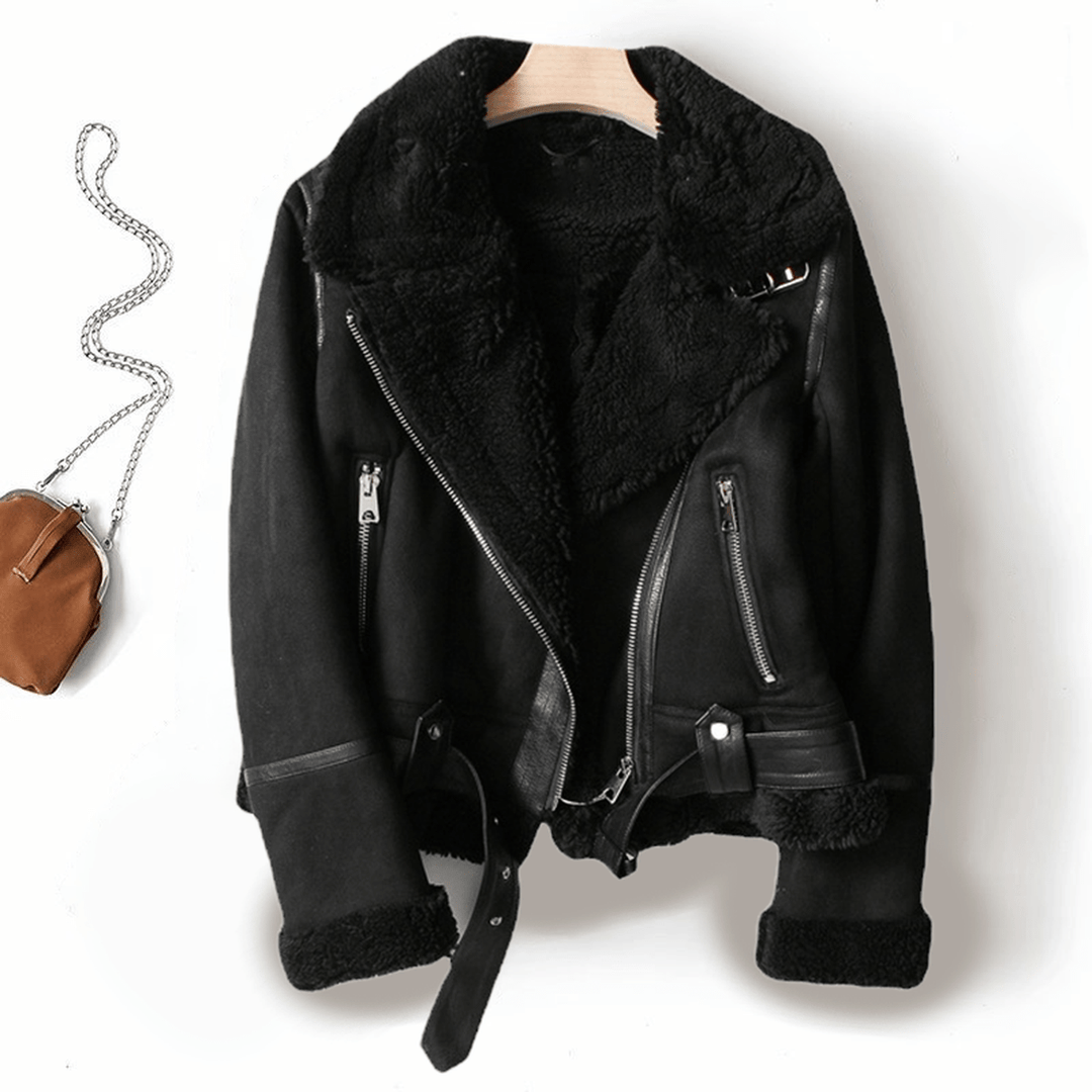 Drune | Damen Sherpa Gefütterte Lederjacke mit Gerippten Bündchen