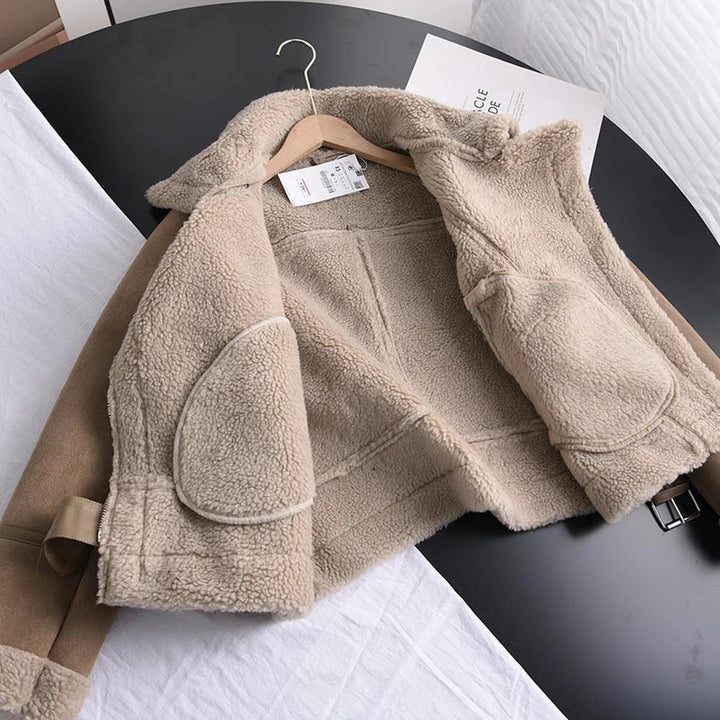 Drune | Damen Sherpa Gefütterte Lederjacke mit Gerippten Bündchen
