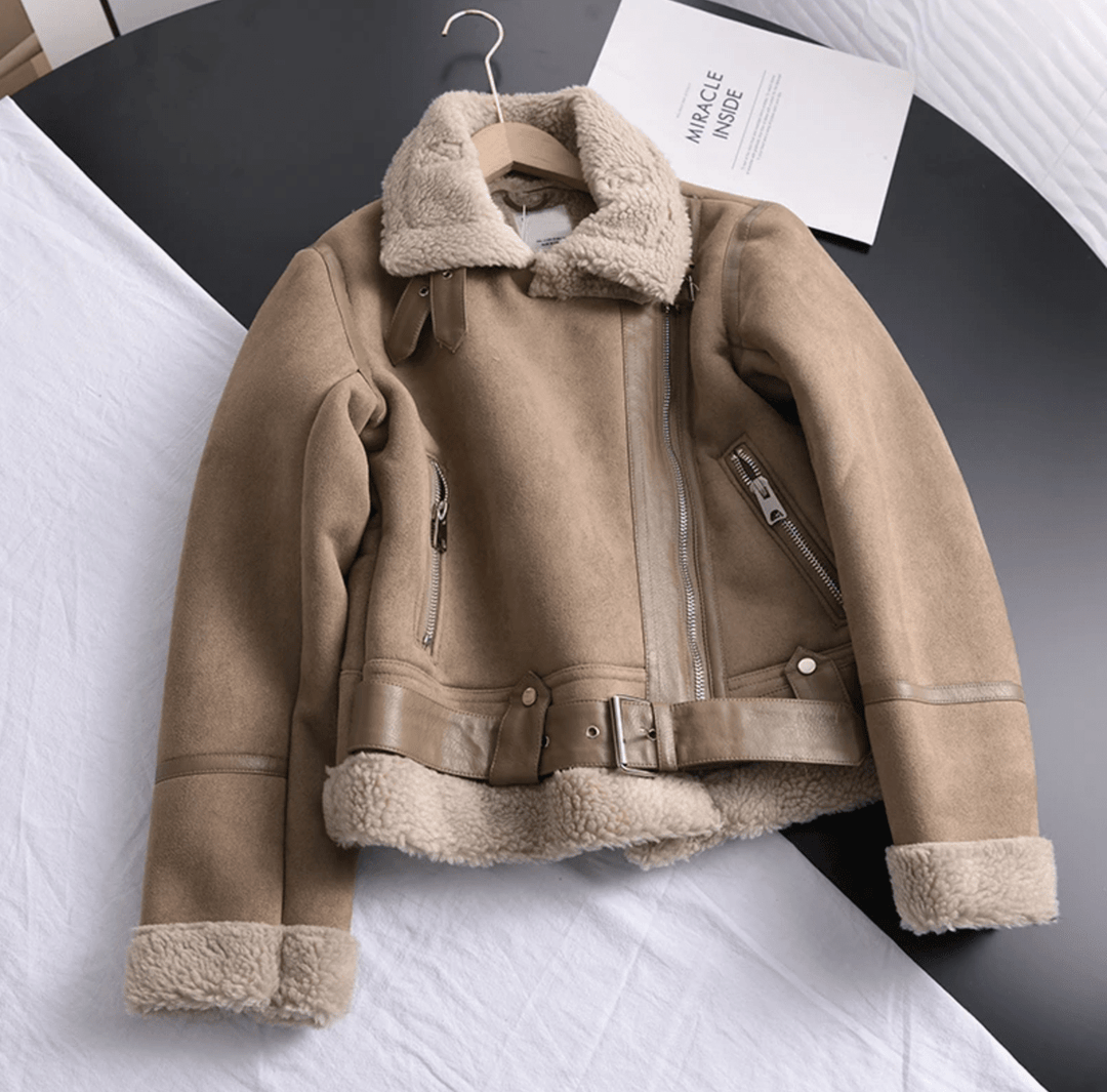Drune | Damen Sherpa Gefütterte Lederjacke mit Gerippten Bündchen