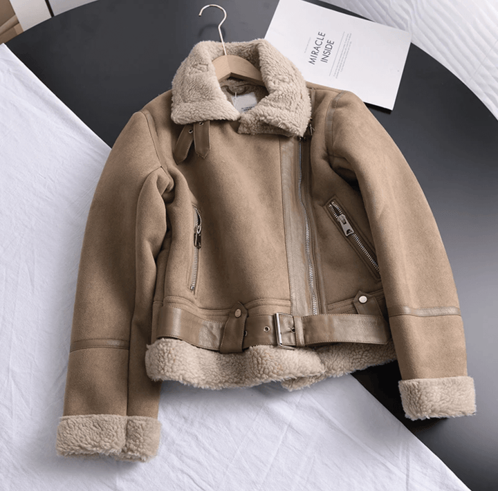 Drune | Damen Sherpa Gefütterte Lederjacke mit Gerippten Bündchen