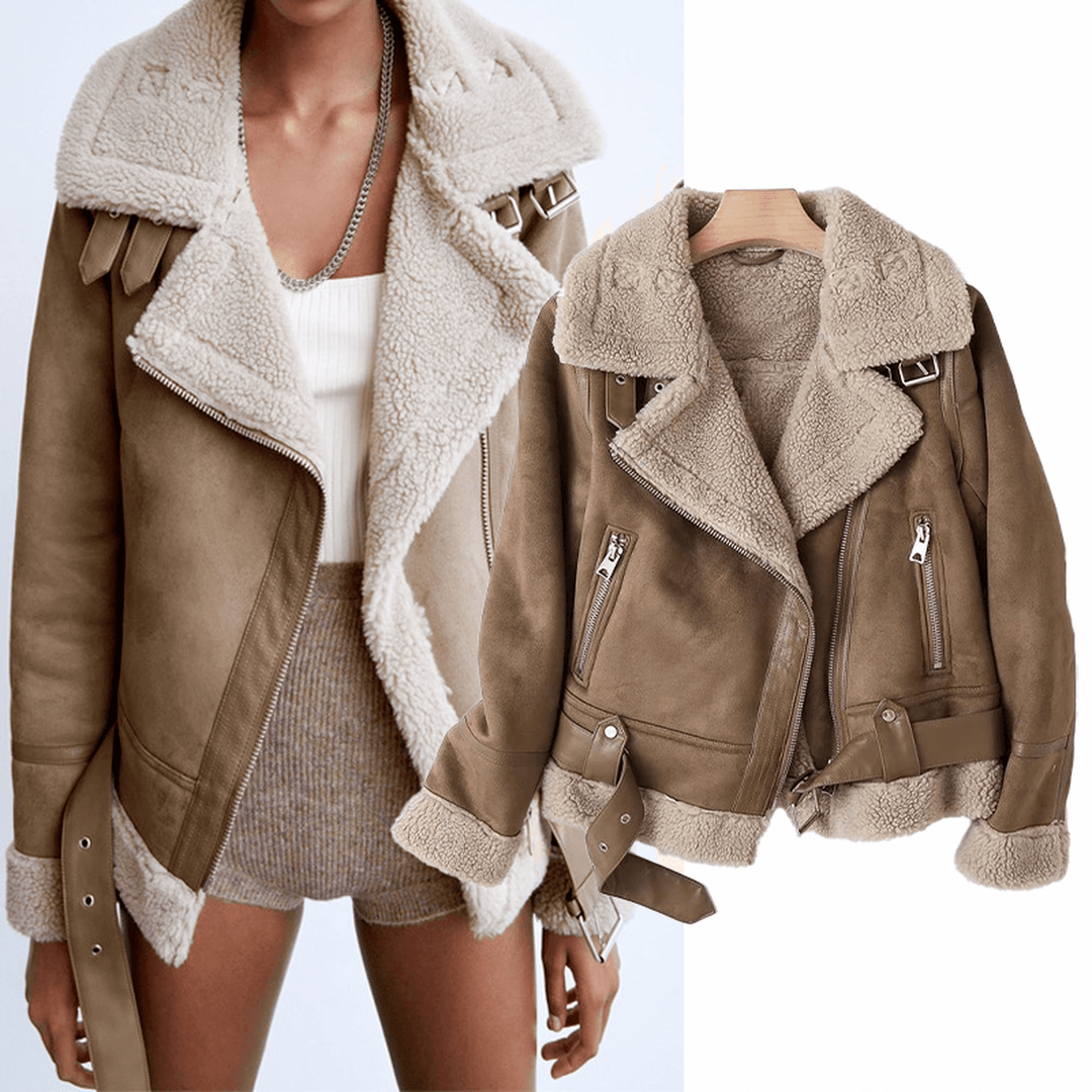 Drune | Damen Sherpa Gefütterte Lederjacke mit Gerippten Bündchen