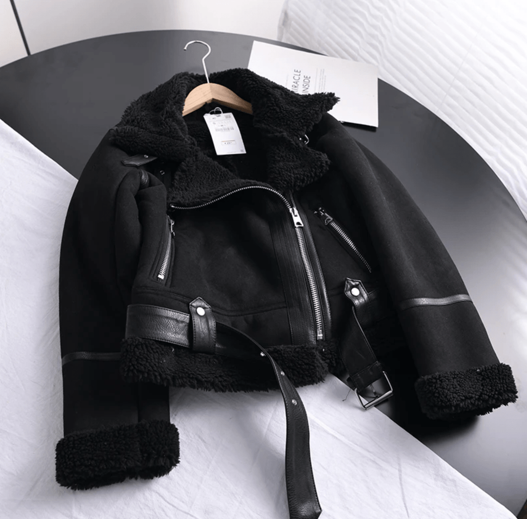 Drune | Damen Sherpa Gefütterte Lederjacke mit Gerippten Bündchen