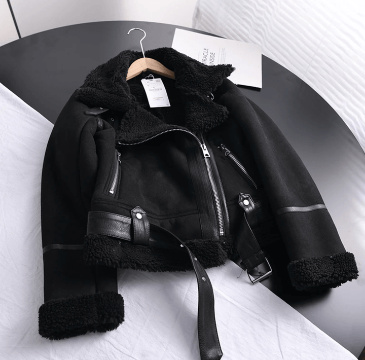 Drune | Damen Sherpa Gefütterte Lederjacke mit Gerippten Bündchen