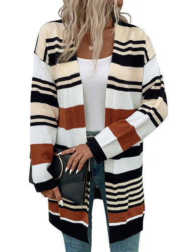 Drune | Cardigan - Damen Herbst Streifen Farbkasten Mittellanger Cardigan