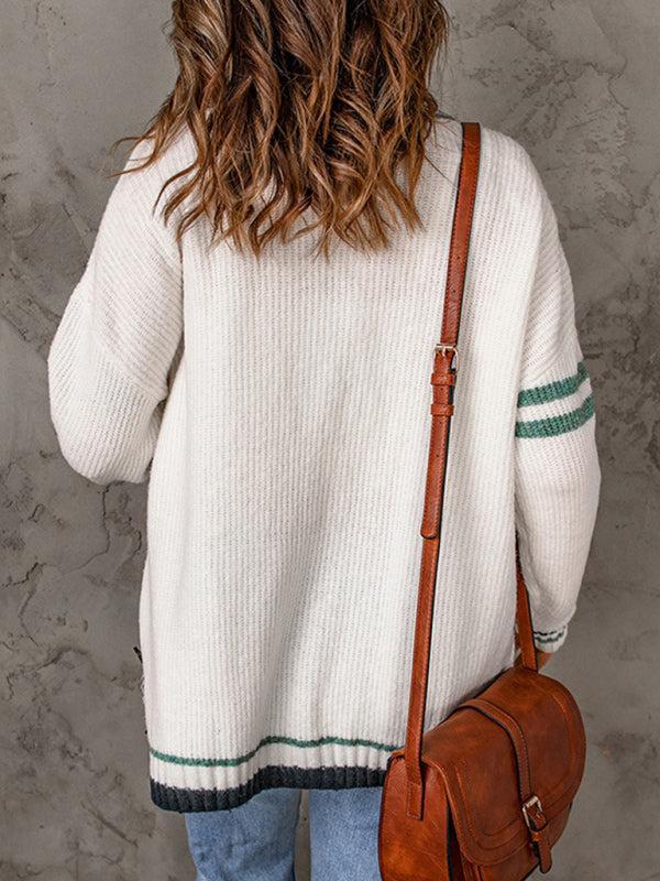 Drune | Cardigan - Damen Herbst Streifenrand Kabelstrick V-Ausschnitt Cardigan mit Taschen