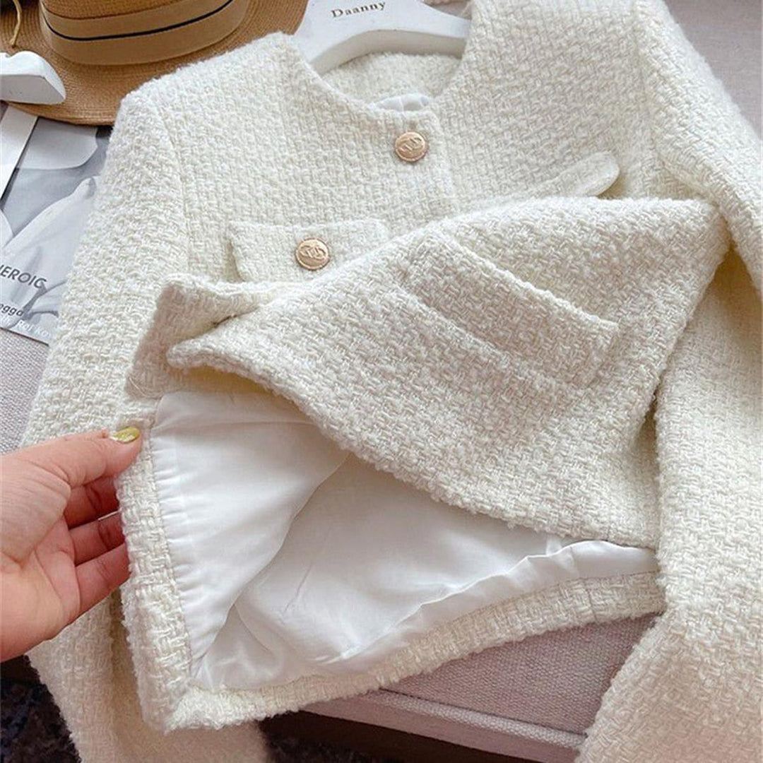 Drune | Damen Tweed Jacke mit Rundhalsausschnitt und Knopf Leiste