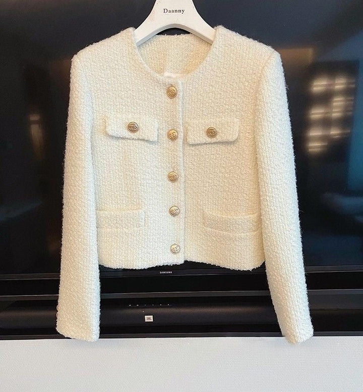 Drune | Damen Tweed Jacke mit Rundhalsausschnitt und Knopf Leiste