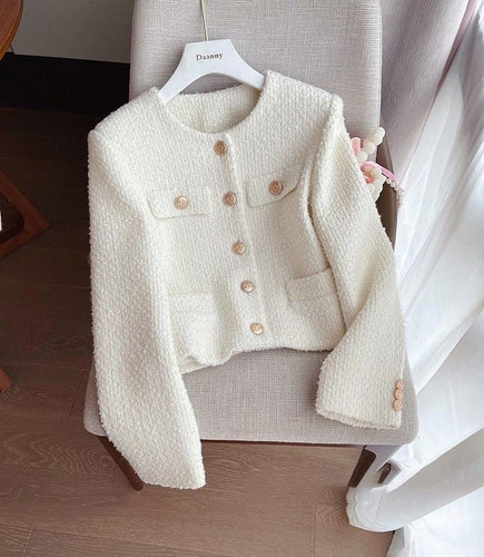 Drune | Damen Tweed Jacke mit Rundhalsausschnitt und Knopf Leiste
