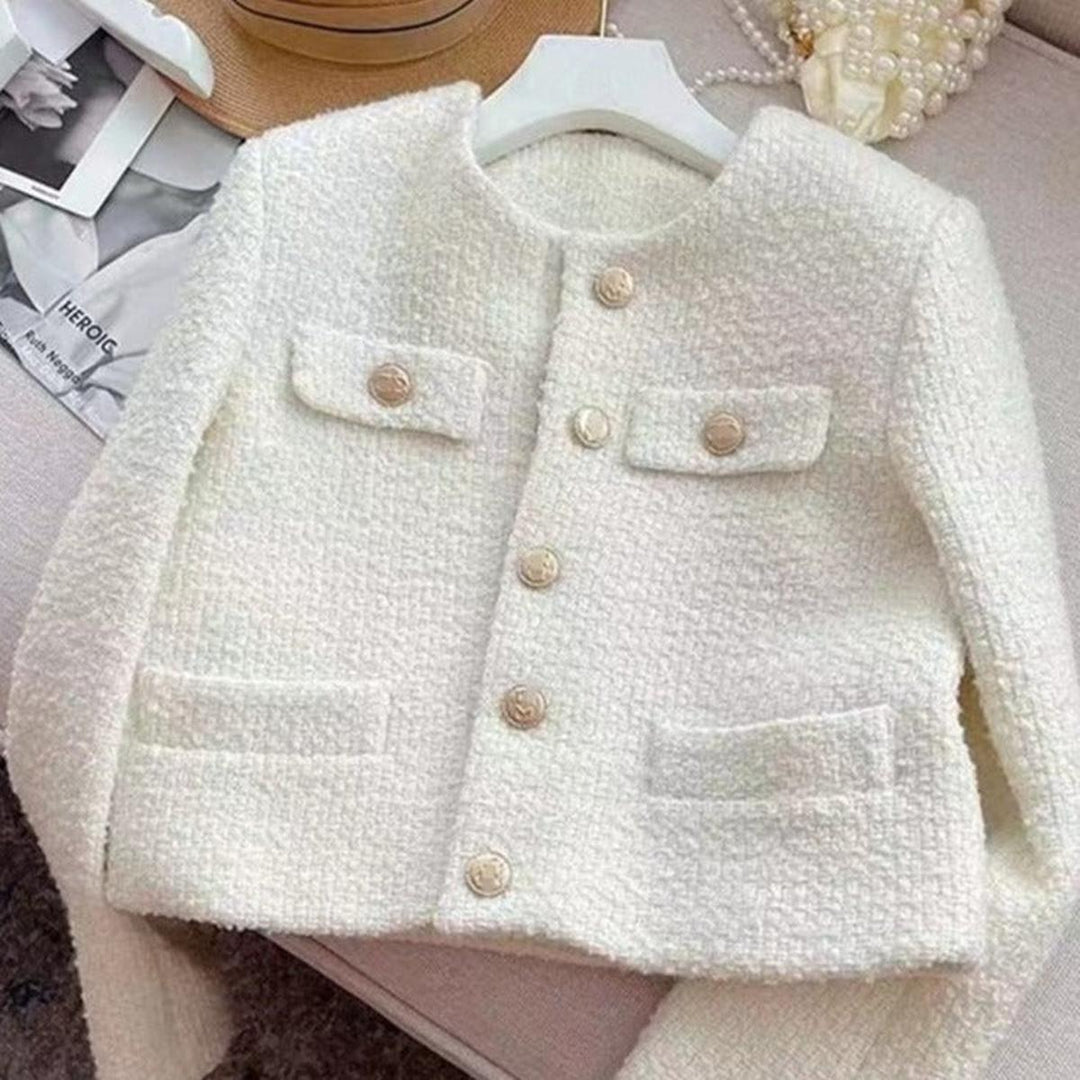 Drune | Damen Tweed Jacke mit Rundhalsausschnitt und Knopf Leiste