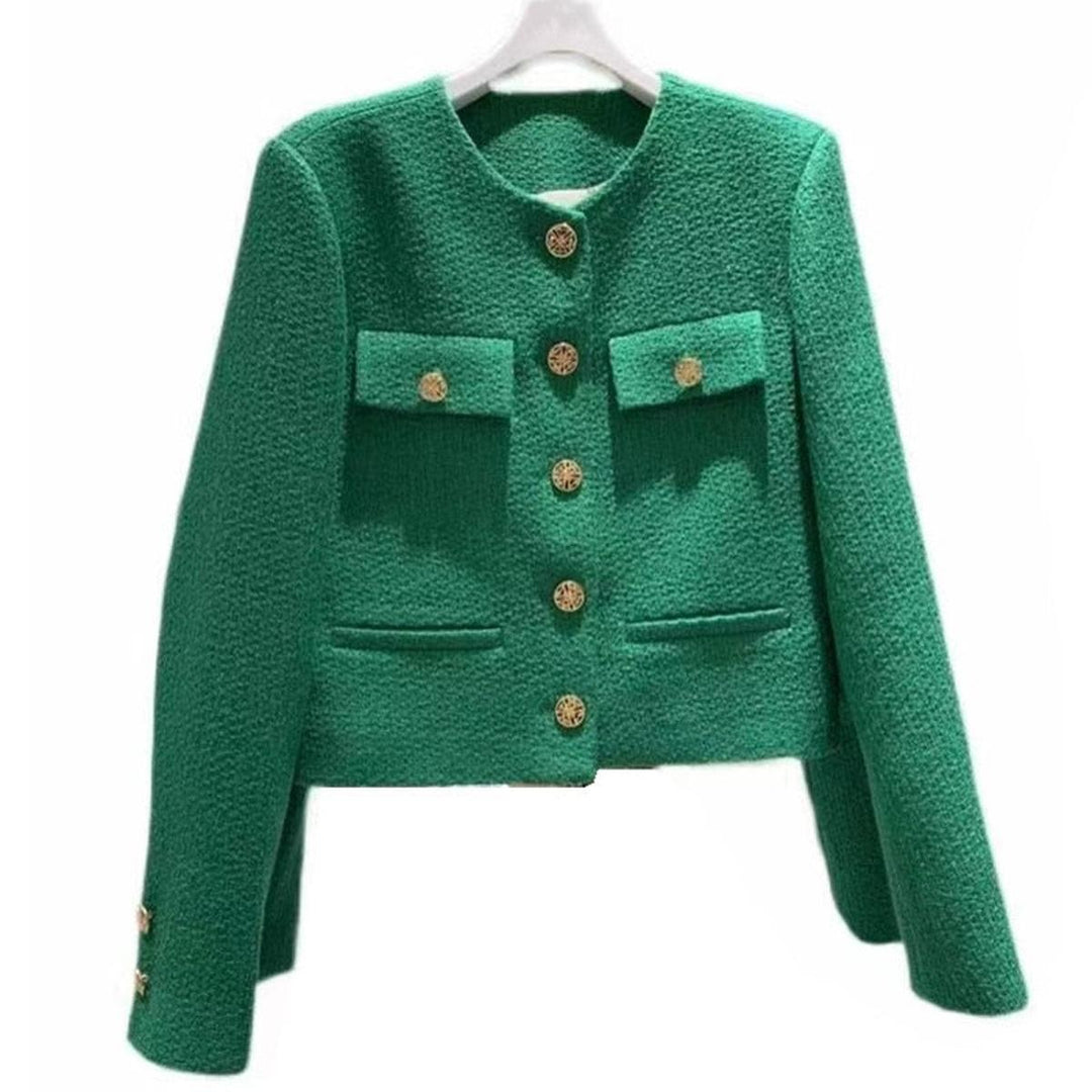 Drune | Damen Tweed Jacke mit Rundhalsausschnitt und Knopf Leiste