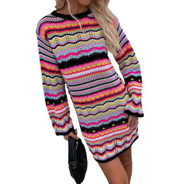 Drune | Designer Bohème gestreiftes Strick-Häkel-Pullover-Kleid