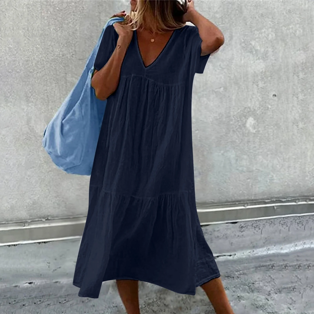 Drune | Damen Freizeitkleid mit V-Ausschnitt und einfacher Handtasche