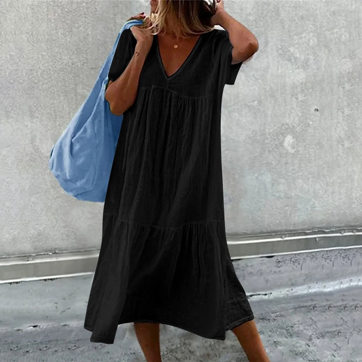 Drune | Damen Freizeitkleid mit V-Ausschnitt und einfacher Handtasche
