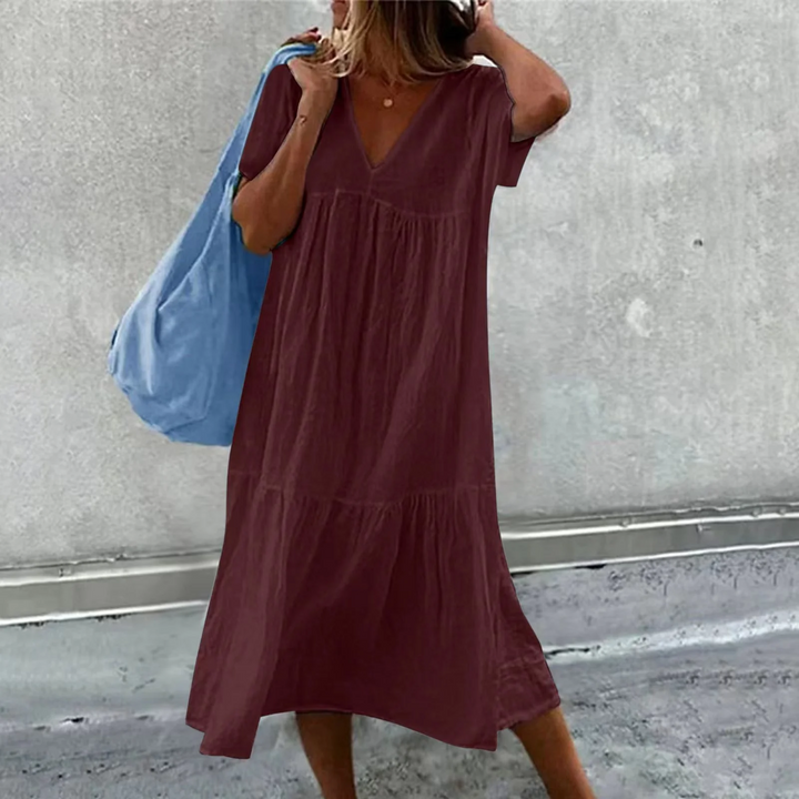 Drune | Damen Freizeitkleid mit V-Ausschnitt und einfacher Handtasche