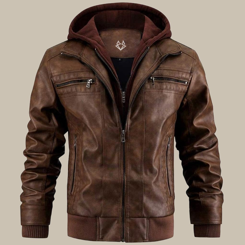 Drune | Urban Streetwear Kunstlederjacke mit abnehmbarer Kapuze - Modische Übergangsjacke für Alltag und Freizeit