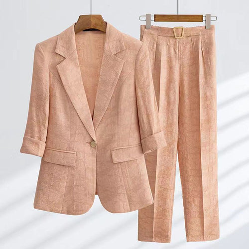 Drune | Herbst Damen Leinen 2 Teile Blazer Set mit Gürtel