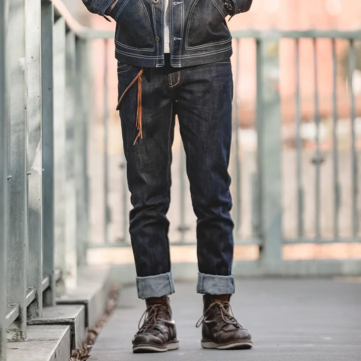 Drune | Raw Selvage Denim Jeans Mit Graffiti Und Ponyhaar Patch Für Männer