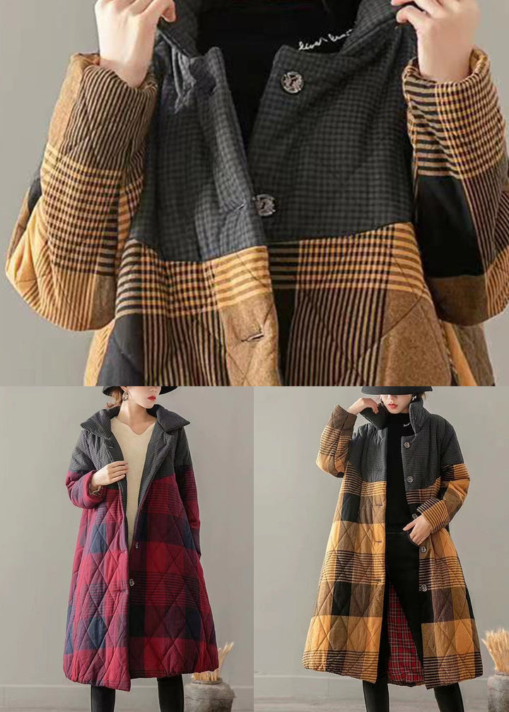 Drune | Taschen Karo Patchwork Feine Baumwolle Gefüllte Mäntel Knopf Winter