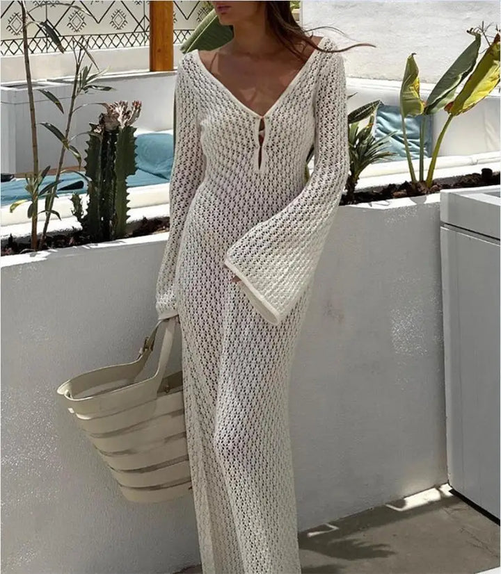 Drune | Maxi Strickkleid Häkeltextur V-ausschnitt Lange Ärmel Fließender Boho Stil