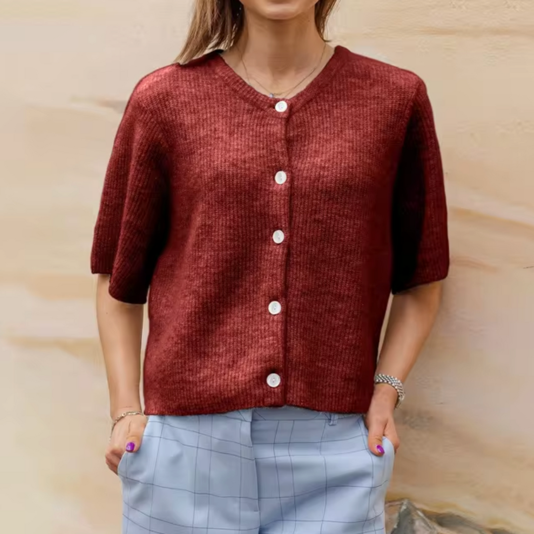 Drune | Damen Weich Gestrickte Jacke mit Kurzen Ärmeln und Knöpfen
