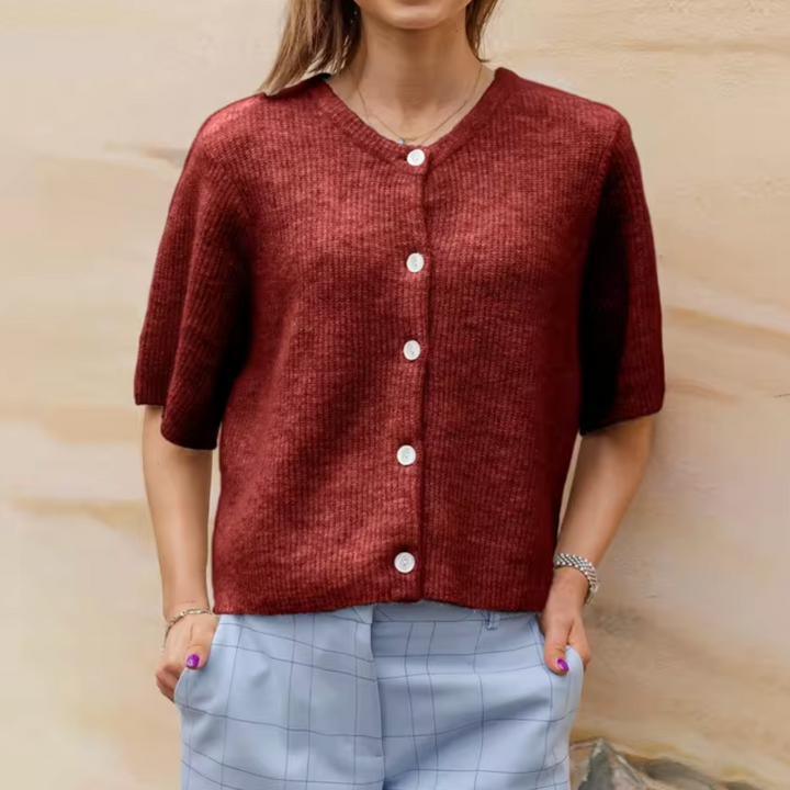 Drune | Damen Weich Gestrickte Jacke mit Kurzen Ärmeln und Knöpfen