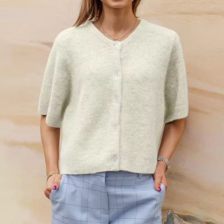 Drune | Damen Weich Gestrickte Jacke mit Kurzen Ärmeln und Knöpfen