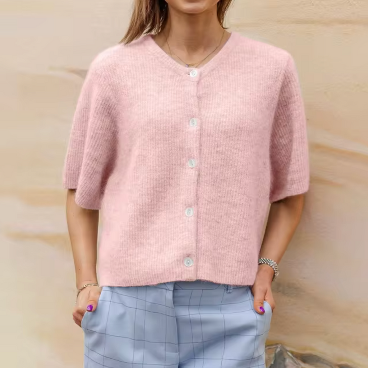 Drune | Damen Weich Gestrickte Jacke mit Kurzen Ärmeln und Knöpfen