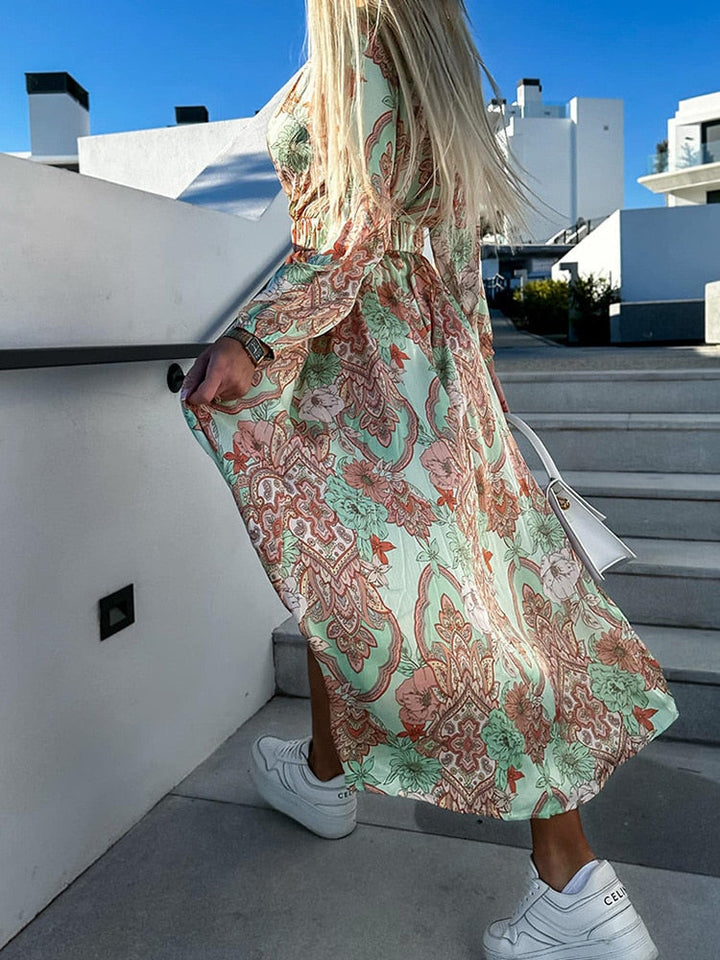 Drune | Bedrucktes Slim Fit Kleid mit langen Ärmeln für Frauen