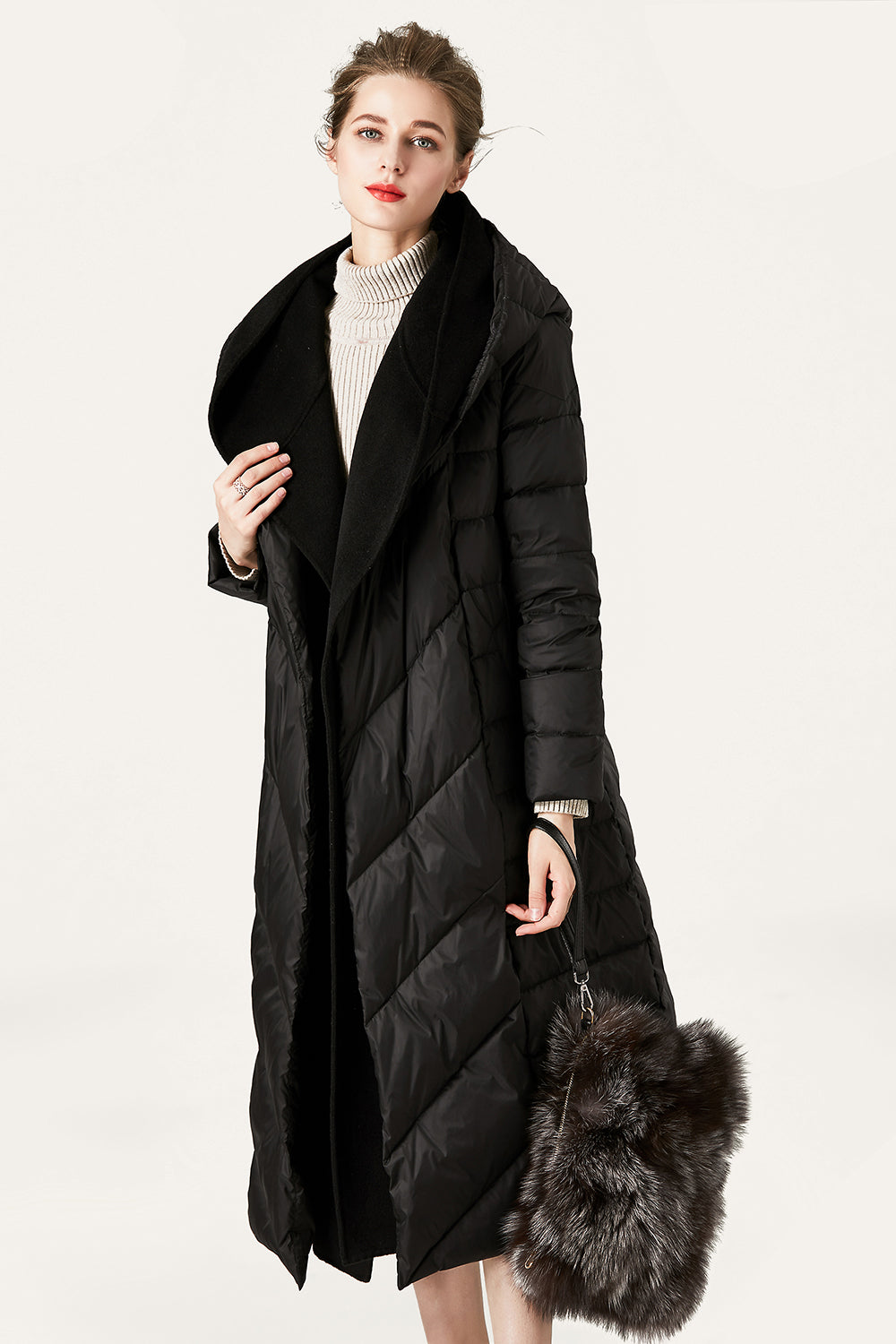 Drune | Damen Lange Wattierte Pufferjacke mit Knöpfen und Kapuze Aus Faux-Fur